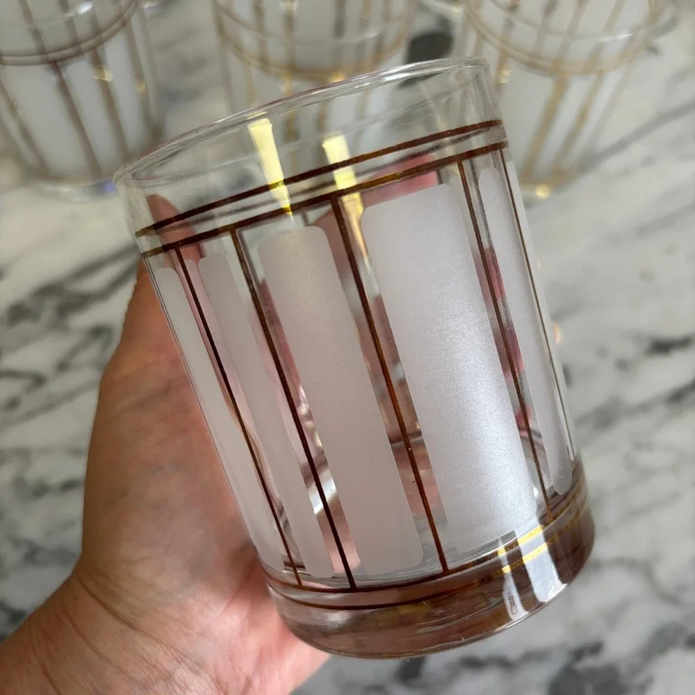 Vintage Culver Servemates Whiskey Lowball Glass Set of 7 Gold Frosted Glass MCM
